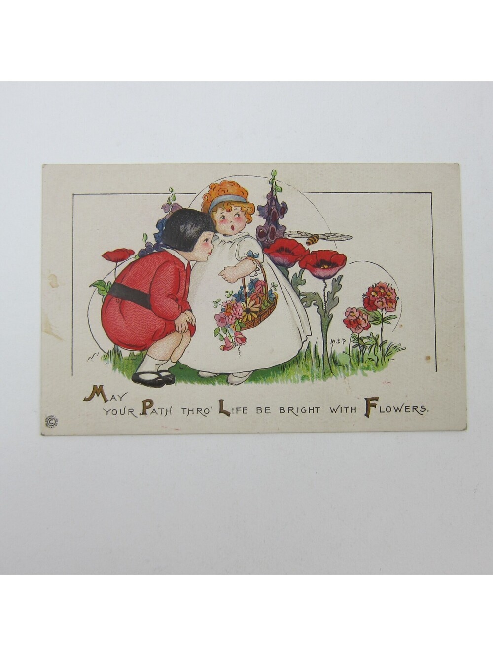 Postcard Art Deco Children Flowers Bee Margaret Evans Price Embossed Antique USA